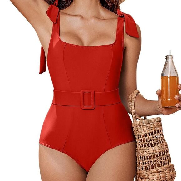 Red Belted Swimsuit New with tags size M - Picture 1 of 4